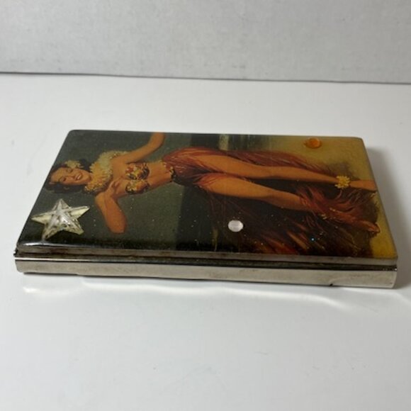 Vintage Silver Toned Cigarette Case w/ Pin Up Hula Girl Picture on Front - Picture 10 of 10